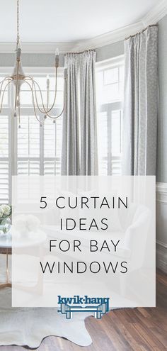 a living room filled with furniture and windows covered in white drapes that reads, 5 curtain ideas for bay windows