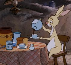 an animated rabbit sitting at a table with coffee in front of him and pouring milk from a jug into a cup