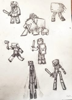 sketches of different types of minecraft characters in various poses, with one person holding an object