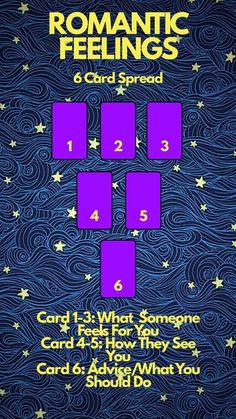 the cover for romantic feelings card spread with four squares in purple and gold on a blue background