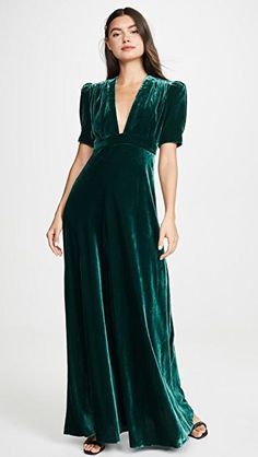 Deep V Gown, Velvet Holiday Dress, Green Velvet Dress, Jill Stuart, Romantic Dress, Green Velvet, Holiday Dresses, Velvet Dress