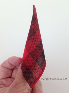 a hand is holding a red and black plaid fabric tie in front of a white background