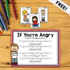 two cards with the words if you're angry on them next to colored crayons