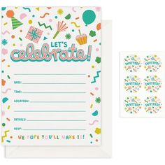 a birthday party card and envelope with confetti, cupcakes and balloons