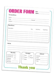 an order form is shown with the words thank you in pink, green and blue