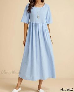 Olivia Mark - Elegante y cómodo vestido midi de lino y algodón con favorecedor corte holgado, cuello redondo y medias mangas Cotton Linen Dresses, Linen Midi Dress, Weave Style, Sleeves Clothing, Linen Style, Linnet, Midi Dress With Sleeves, Types Of Dresses, Outfit Casual