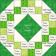 the square in a square quilt pattern is shown with words describing it as four squares