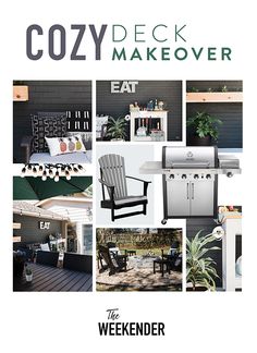 the cover of cozy deck makeover magazine with pictures of outdoor furniture and accessories on it