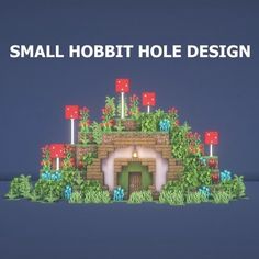 a small hobbitt hole design with flags and bushes around it, on a blue background