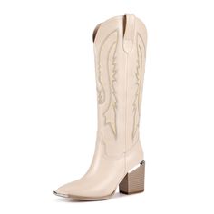 PRICES MAY VARY. SIZE: Beige cowboy boots for women wide calf is 8cm/3.15 inches. For more size details, please refer to the size introduction in the pictures and details. DESIGN : The fashionable knee high cowboy boots for women feature unique Western embroidery and pointed design, restoring the classic style of denim boots. Our cowboy boots for women with metal toe have added a metal design on the toe, perfectly blending classic and fashionable elements to attract attention from others.The whi Western Style Pointed Toe Knee-high Boots For Spring, Wide Calf Snip Toe Knee-high Boots For Spring, Wide Calf Knee-high Boots With Snip Toe For Spring, Spring Wide Calf Knee-high Martin Boots, Western Style Wide Calf Knee-high Boots For Spring, Western Style Mid-calf Boots For Rodeo In Winter, Spring Rodeo Knee-high Heeled Boots, Western Style Mid-calf Boots For Winter Rodeo, Mid-calf Boots For Western-themed Winter Events