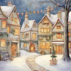 a painting of a snowy village with christmas decorations