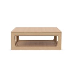 a wooden coffee table sitting on top of a white floor with no one around it