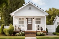 a small white house with brown front door and steps leading up to the front door