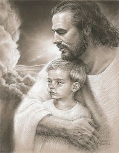 a drawing of jesus holding a young boy in his arms with clouds and lightning behind him