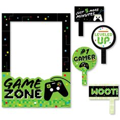 an image of a game zone photo booth props set up for a video game party