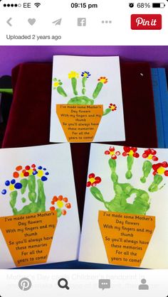 three cards with handprints on them that say they are happy and have flowers in them