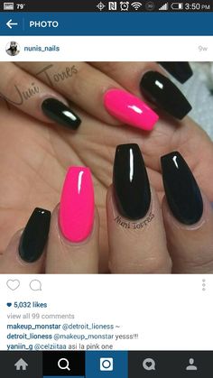 Pink Nails With Black Accent, Matte Black Nails With Pink, Matte Black And Grey Nails, Black Color Nail Ideas, Black Nails Pink Design, Summer Nails 2023 Black, Pink Naildesign, Barbie Pink And Black Nails