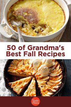 the cover of 50 of grandma's best fall recipes, including pies and casseroles