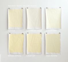 six pieces of paper taped to each other in different sizes and colors, with the words favorite pastel yellow paints on them