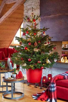 a small christmas tree in a red pot