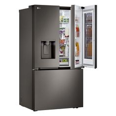 a refrigerator with its door open and the freezer is opened to reveal it's contents