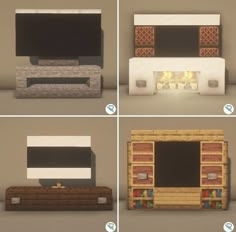 four different types of furniture made out of bricks and wood, each with a flat screen tv mounted on the wall