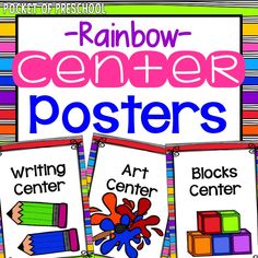 three posters with the words, art center and writing center