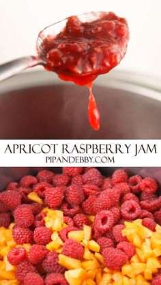 raspberry jam is being poured into a pot