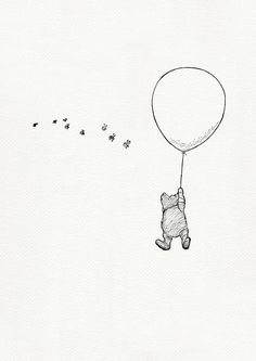 winnie the pooh flying with a balloon in his hand and bees coming from it