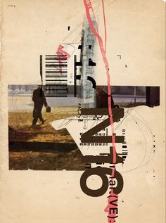 a collage of words and images with a man walking in the background on a piece of paper