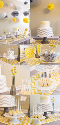 yellow and white dessert table with cupcakes