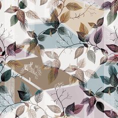 an abstract pattern with leaves and triangles in shades of pink, blue, green, beige