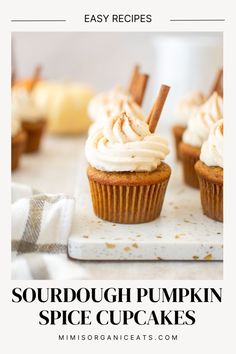 Enjoy the deliciousness of Sourdough Pumpkin Spice Cupcakes topped with maple cream cheese buttercream! This easy recipe is quick to make and perfect for Thanksgiving or an afternoon snack. Fluffy and earthy, these cupcakes are made from scratch and are the best fall desserts. The spice of ginger adds a delightful kick to these homemade treats!