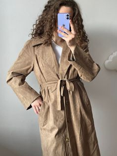 Vintage faux suede leather beige coat, with removable lining, two sides pockets, belted, made of 60% polyamide and 40% polyurethane, acetate lining, fits S-M, padded, great vintage condition  Measurements: shoulders - 43 cm sleeve length - 58 cm overall length - 122 cm bust 49 cm Model's height 166 cm Spring Brown Belted Leather Jacket, Brown Spring Outerwear With Belted Cuffs, Fall Suede Belted Outerwear, Beige Suede Outerwear For Fall, Fall Beige Suede Outerwear, Suede Leather Jacket, Sheepskin Jacket, Beige Coat, Vintage Coats