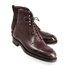 DRESS BOOTS IN BURGUNDY SHELL CORDOVAN HATCH GRAIN Fitted Goodyear Welted Cap Toe Boots, Fitted Goodyear Welted Boots For Derby, Goodyear Welted Fitted Cap Toe Boots, Formal Fitted Work Boots With Round Toe, Fitted Western Style Work Boots, Classic Fitted Work Boots, Fitted Classic Work Boots, Cap Toe Boots With Goodyear Welt For Workwear, Fitted Brown Goodyear Welted Work Boots