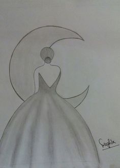 a drawing of a woman in a ball gown sitting on the moon with her back to the camera