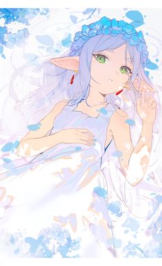 an anime character with blue hair and green eyes wearing a white dress, holding her hand up to her face