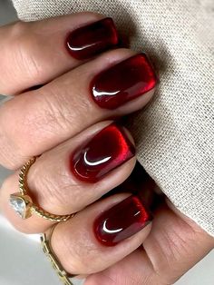 Multicolor  Collar    Color Nails Embellished   Nail,Hand & Foot Care Gel Mani Short Nails Red, Cateyes Nails Design Short, Short Almond Holiday Nails, Red Short Nails Design, Cat Eye Short Nails, Red Cat Eye Nail, Red Cat Eye Nails Design, Short Cat Eye Nails, Red Cateye Nails