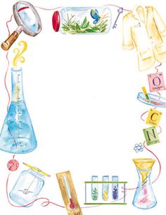 a watercolor drawing of science supplies arranged in a circle