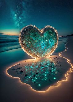 a heart shaped sculpture on the beach at night with stars in the sky above it