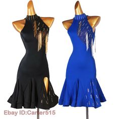 two mannequins dressed in black and blue dresses