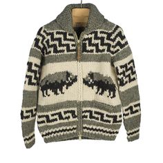 Bison hand-knit Cowichan cardigan, 6-ply wool | No Man Walks Alone Cowichan Sweater, Fair Isle Knitting Patterns, American Bison, Fair Isle Knitting, British Columbia Canada, Made Clothing, Clothing Care, Natural Colors, Knit Jacket