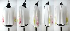 four different views of the same blouse on mannequins, each with floral print