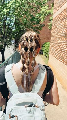 Triple bubble braids Bubble Braid With Braid In It, Triple Braid Hairstyle, 4 Bubble Braids, Track Braids, Tech Hairstyles, Multiple Braids Hairstyles, 2 Bubble Braids, Gameday Hairstyles, Gameday Hair