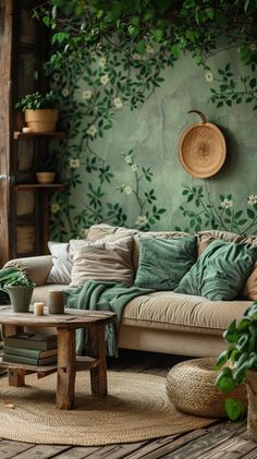 a living room filled with lots of furniture and greenery on the wall behind it