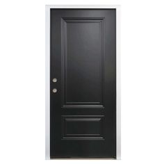 a black door on a white wall