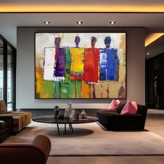 an abstract painting hangs on the wall in a modern living room with sofas and coffee table