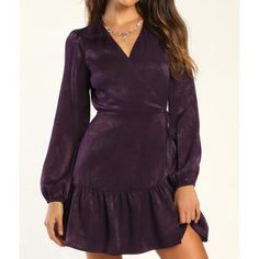 Lulus Womens So Splendid Dark Purple Satin Long Sleeve Wrap Dress, Sleek Woven Satin Sweeps Across A Darted Wrapping Lined Front Bodice Long Sleeves With Gathered Shoulders And Elastic Cuffs Two Ties Secure The High Waist Above A Wrapping A-Line Skirt With Ruffled Mini Hem Size Small, Please See Measurements For Best Fit, Nice Nwt Condition! Length 34 Pit To Pit 17 Sleeves From Shoulder 24 (Measurements Are Approx And May Vary Depending On Fit, Measured On Flat Lay) 571 Tag: Contemporary, Minima Dark Purple Dress Long Sleeve, Plum Fall Outfits, Dark Purple Dress Casual, Dark Purple Satin Dress, Dark Purple Dress Formal, Purple Fall Dress, Dark Purple Outfit, Purple Dress Casual, Semi Formal Dresses Long