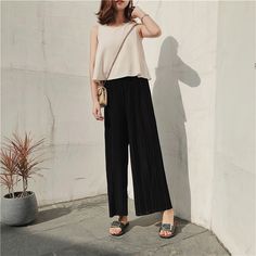 FREE SHIPPING !! High Waist Pleated Chiffon Wide Leg Trousers JKP663 Casual Pleated Summer Pants, Casual Summer Pleated Pants, Pleated Black Wide Leg Pants For Summer, Black Pleated Wide Leg Pants For Summer, Casual Pleated Chiffon Bottoms, Non-stretch Pleated Pants For Summer, Spring Chiffon Stretch Bottoms, Spring Chiffon Bottoms With Stretch, Spring Stretch Chiffon Bottoms