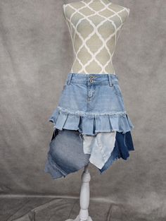 Upcycled denim patchwork skirt with frayed seams and jagged hem. Ruffle detail. Original size tag has been removed from waistband but waist measures 32". Length varies from 17"-22". Super adorable! Patchwork Denim Skirt, Womens Skirts, Patchwork Skirt, Upcycled Denim, Denim Patchwork, Size Tag, Couture, Clothes For Women, Dresses